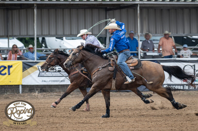 Luke Brown and Travis Graves running down a steer at the 2024 Windy Ryon.