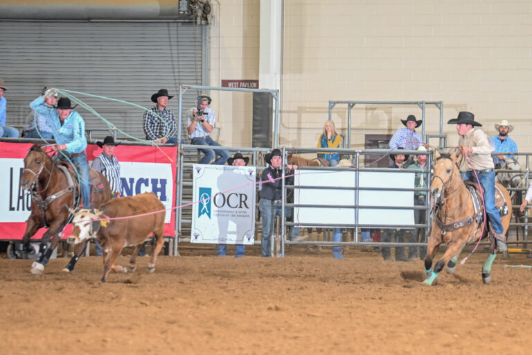 Teagan Bentley heading a steer for Bryton Scheller at the 2024 Mountain States Circuit Finals.
