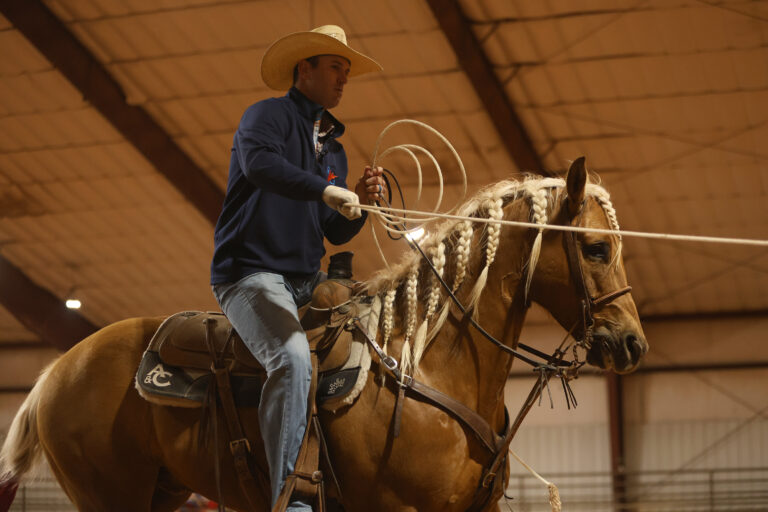 Rhen Rhichard roping on a palomino with a braided mane.