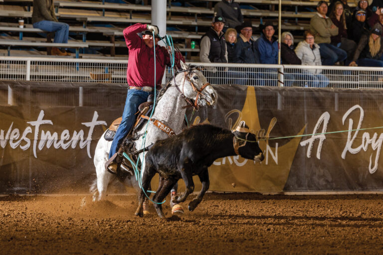 Cory Petska heeling on "Potter" at the 2024 Royal Crown Warm-Up Roping in Buckeye.