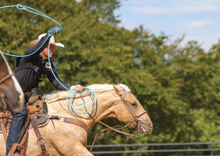 closeup of Trevor Brazile heading on a palomino horse