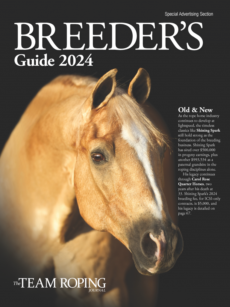 cover of The Team Roping Journal's 2024 Breeder's Guide featuring Shining Spark