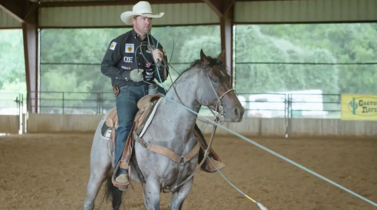 video screenshot from "When Not To Throw" of Miles Baker heeling offscreen cow